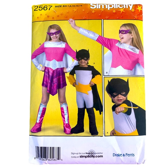 Simplicity 2567 Sewing Pattern: Child's Superhero Costumes Sz. K5 (7-8-10-12-14) - Picture 1 of 5